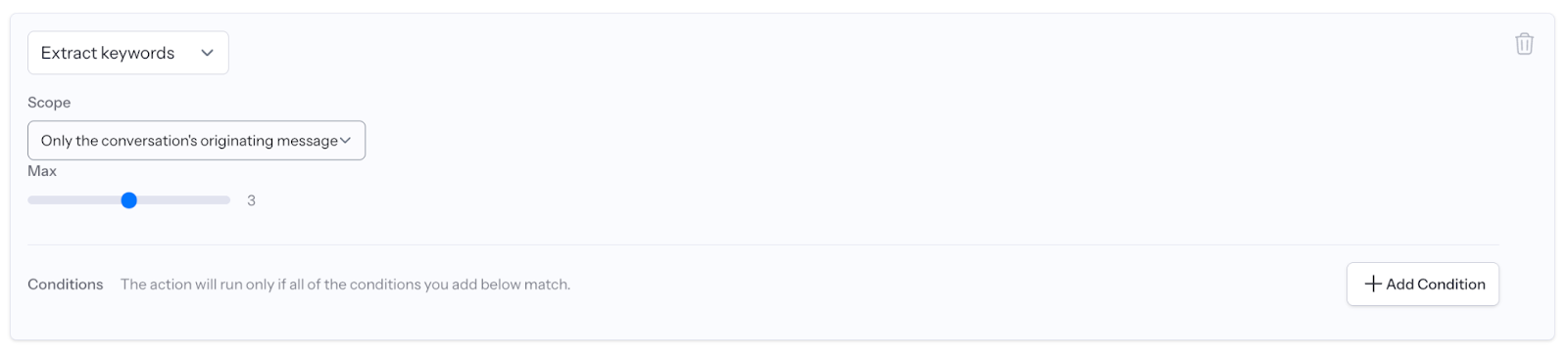 screenshot of the "extract keywords" action being added to an inbox's automation