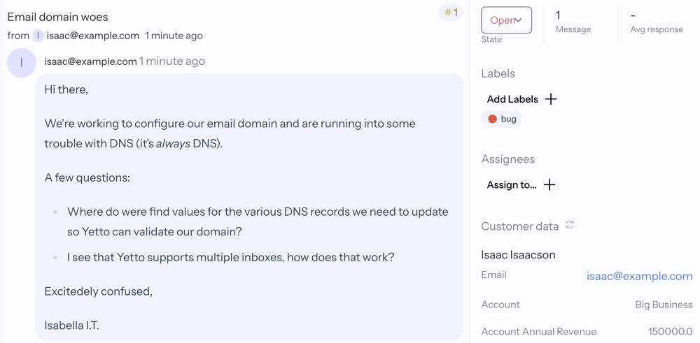 Screenshot of the Salesforce data in the sidebar of a conversation