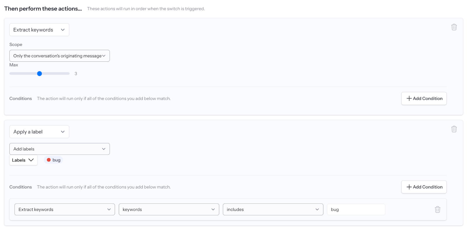 screenshot of the "extract keywords" action being followed by the "apply labels" action, which uses the keywords as a condition
